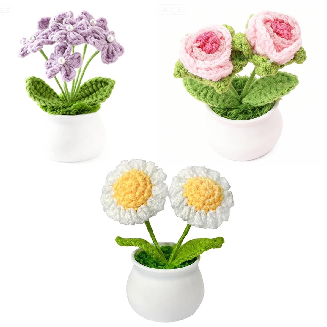 3 PCS Crochet Flower Pot Set Daisy Rose Forget Me Not Potted Gift Decor