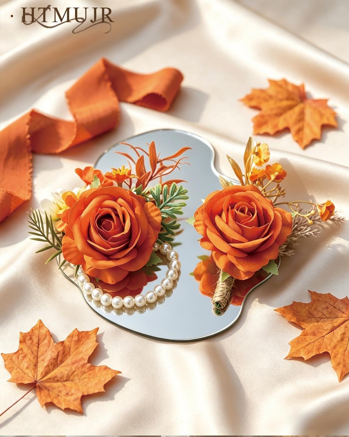 2 PCS Orange Rose Corsage Wristlet And Men Boutonniere Wedding Prom