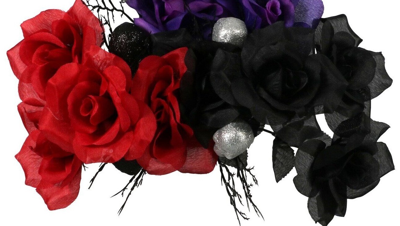 6 Stem Black With Silver Glitter Skulls OR Red Rose Bush with Black Skulls 14″