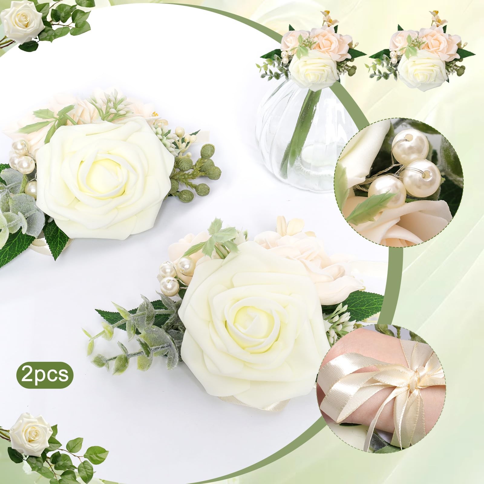 2 Pcs Wrist Corsage for Wedding Light Champagne Wrist Flower Bridal Wristband…