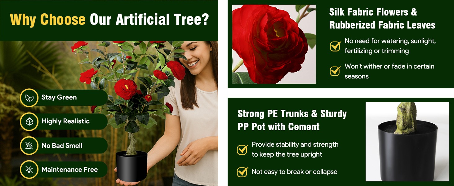 Artificial Camellia Tree 2 Pack, 3FT Faux Camellia Plant in Pot, 36 inch Fake