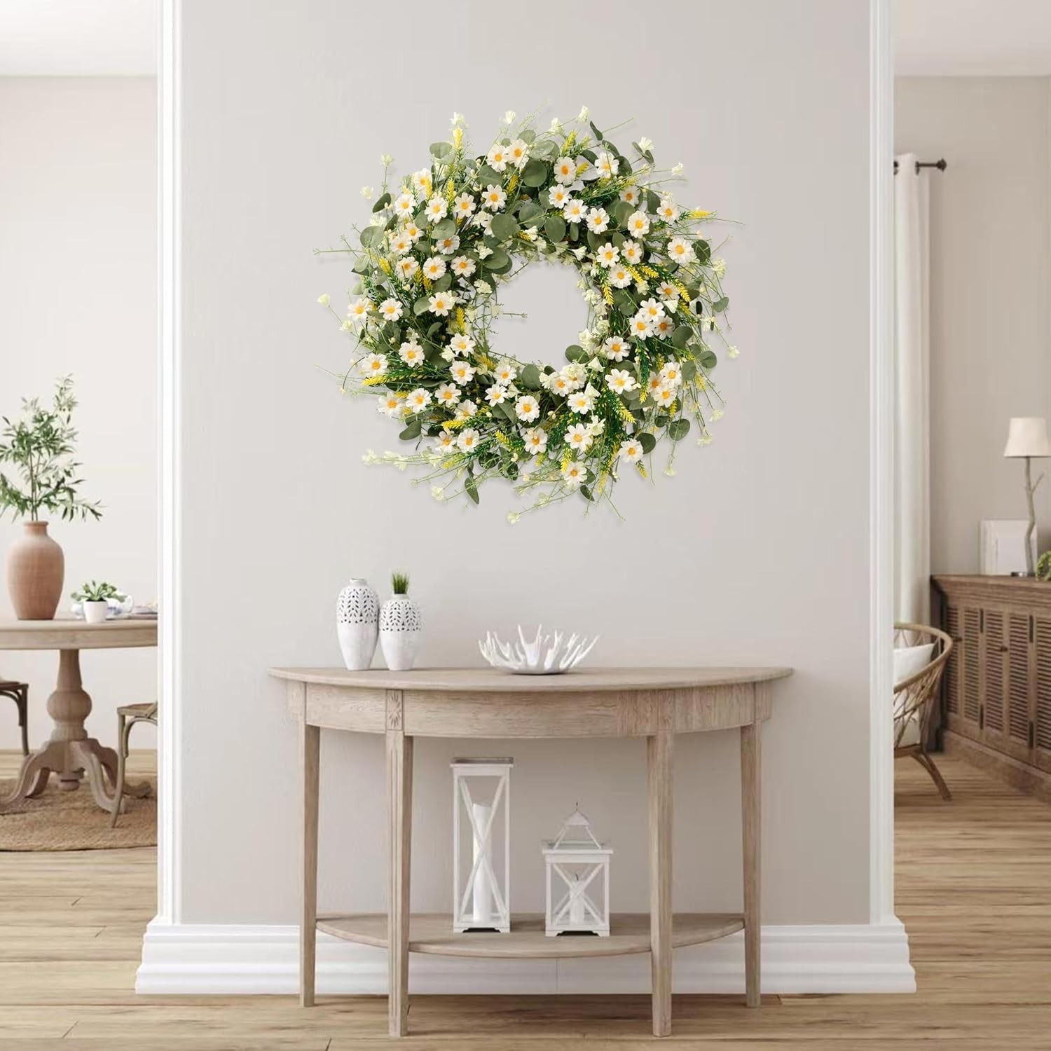 24 Inch White Daisy Wreath Silk Floral Eucalyptus Lavender Spring Decor