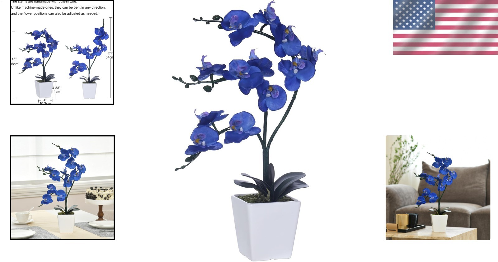 Navy Blue Silk Phalaenopsis Orchid Faux Plant Realistic Artificial Flower Pot