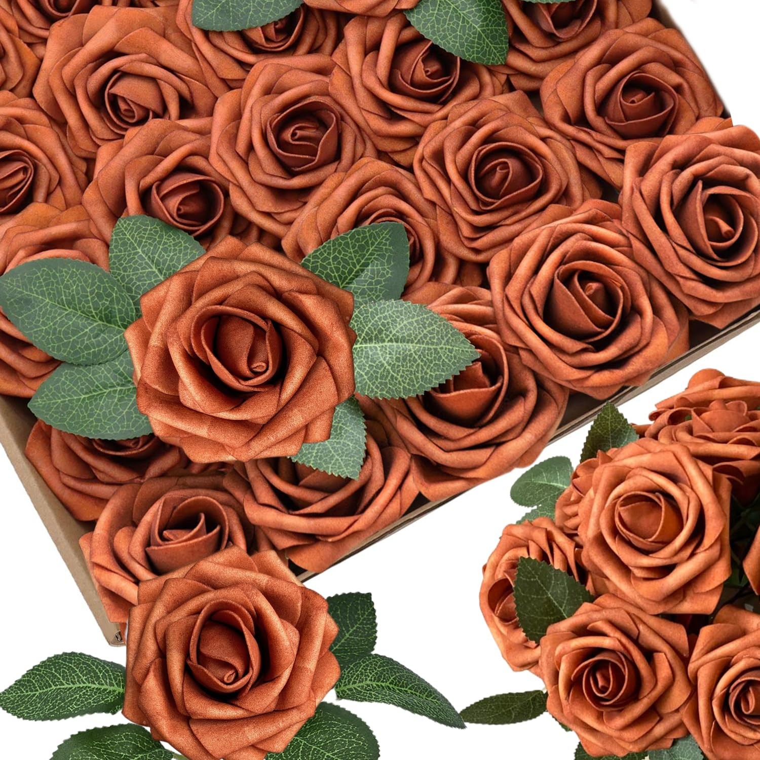25pcs Artificial Flowers Burnt Orange Foam Fake Rose with Stems 8 Leaves Real…