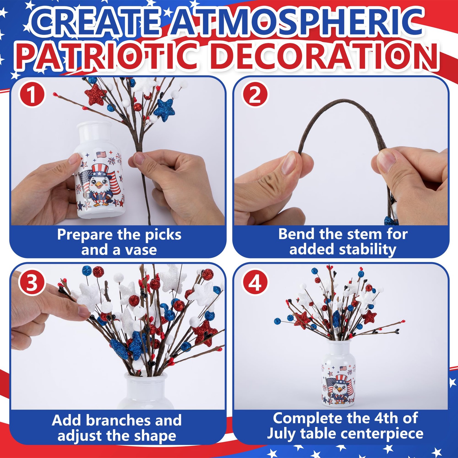 2 Set Patriotic Artificial Flower Stems with Glass Vase, 4th of July Artifici…