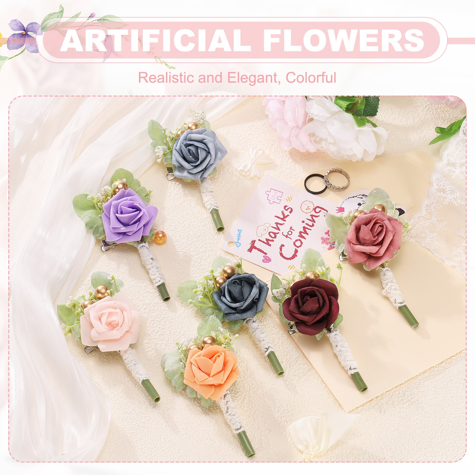 Bean Paste Wedding Boutonnieres for Men 2Pcs Webbing Artificial Flowers