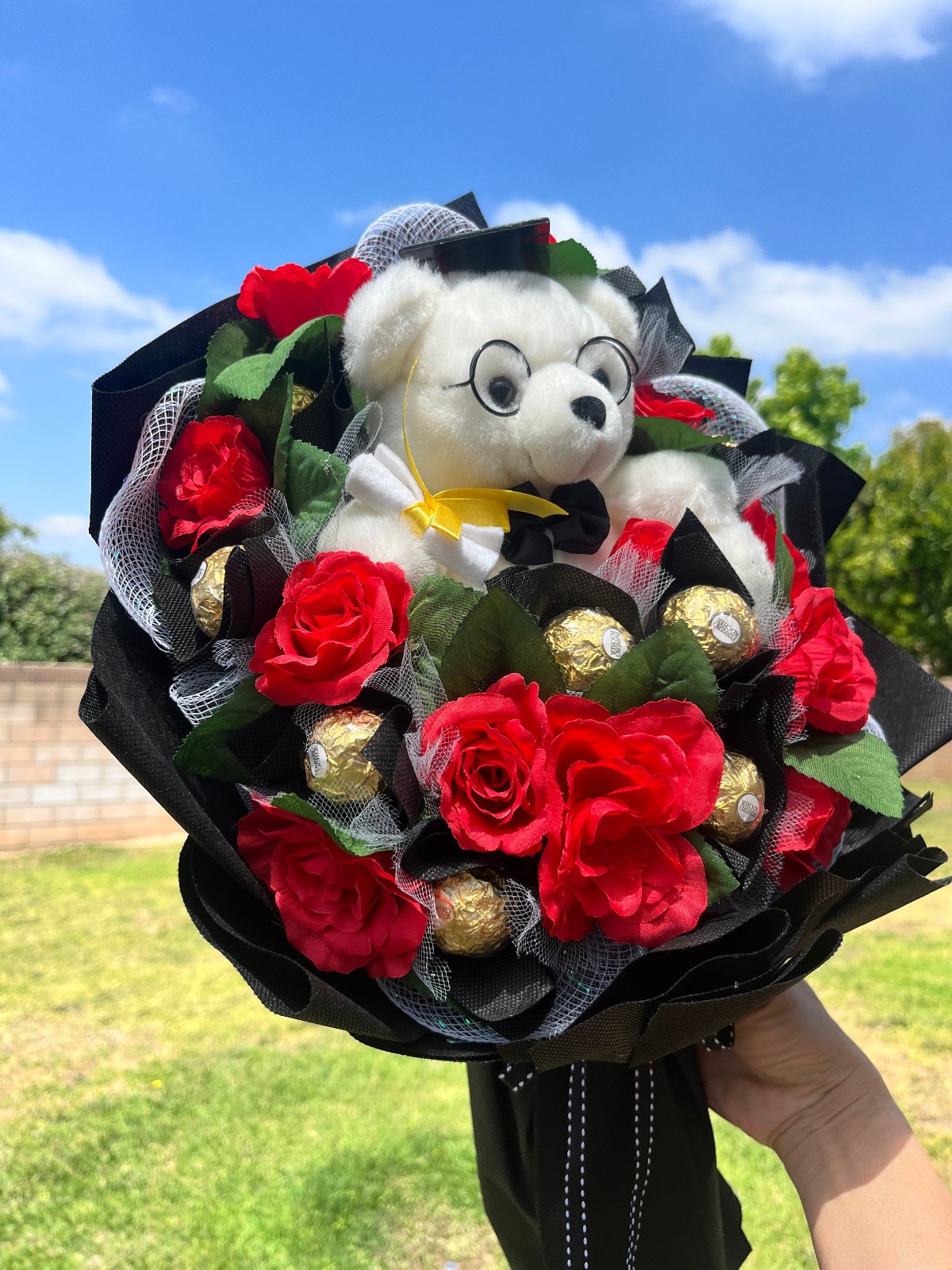Graduation Bouquet with Teddy Bear, Ferrero Rocher & Red Roses