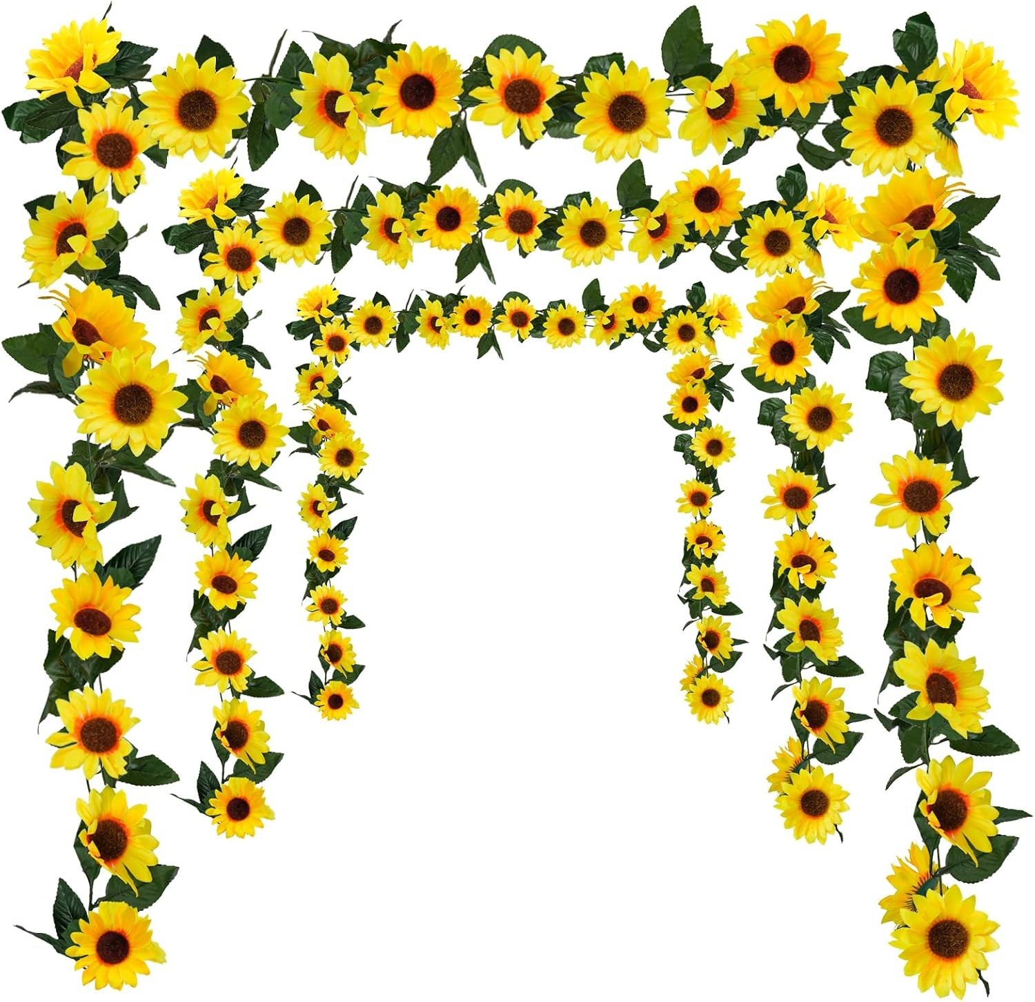 Artificial Sunflower Garland 3 Pack 7.5ft Silk Flowers with Green Leaves