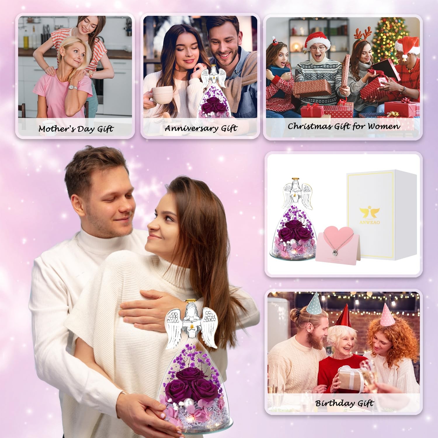 Gifts for Mom Gifts for ,Preserved Flowers Rose in Glass Angel Figurines Flow…