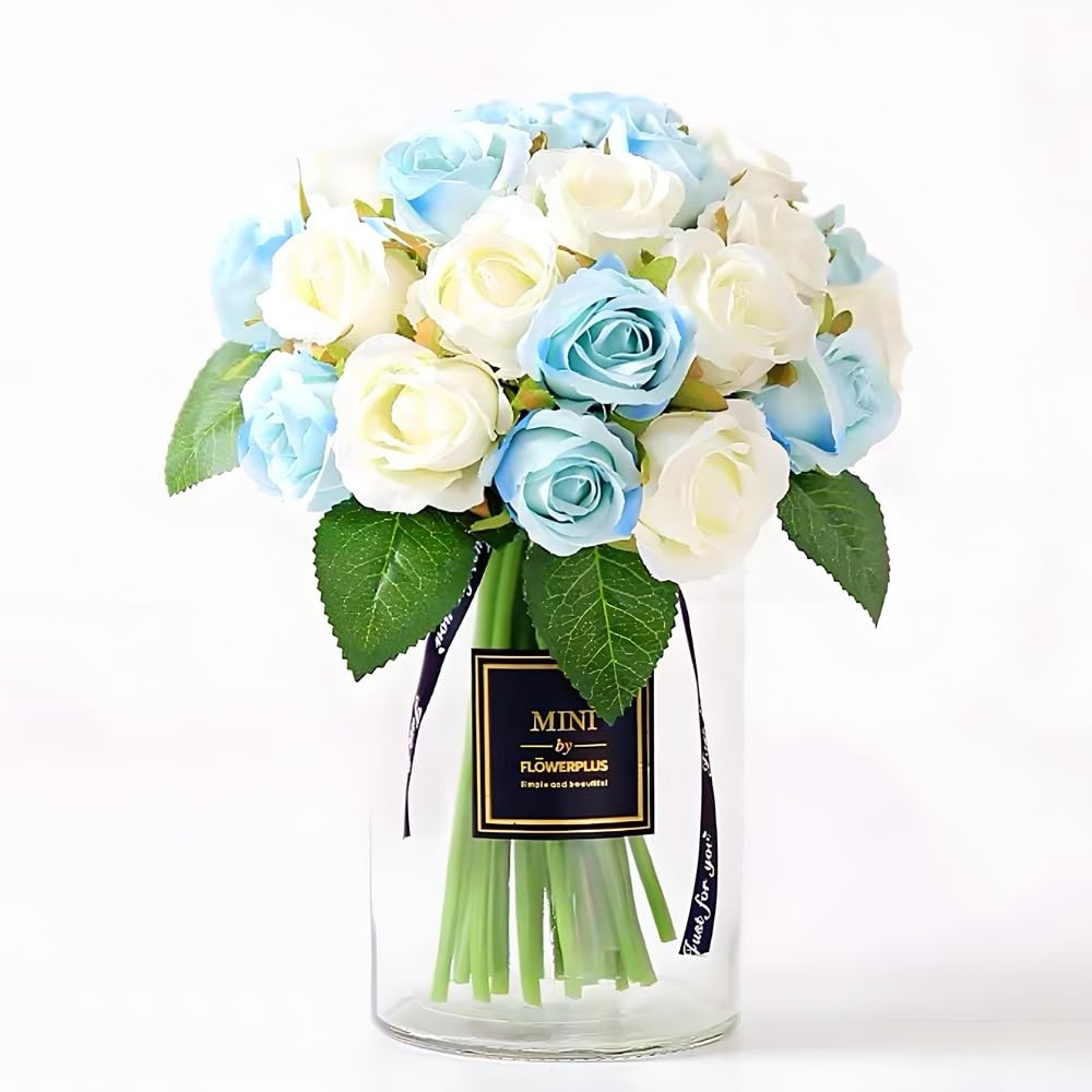 Blue White Artificial Roses Flowers 12 Heads Arrangement Silk Bouquet 1 PCS