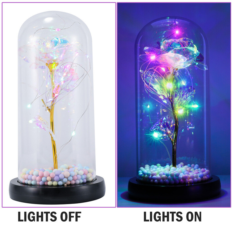 Rosa de galaxia con luz LED de cristal en cúpula, flor eterna de aluminio regalo
