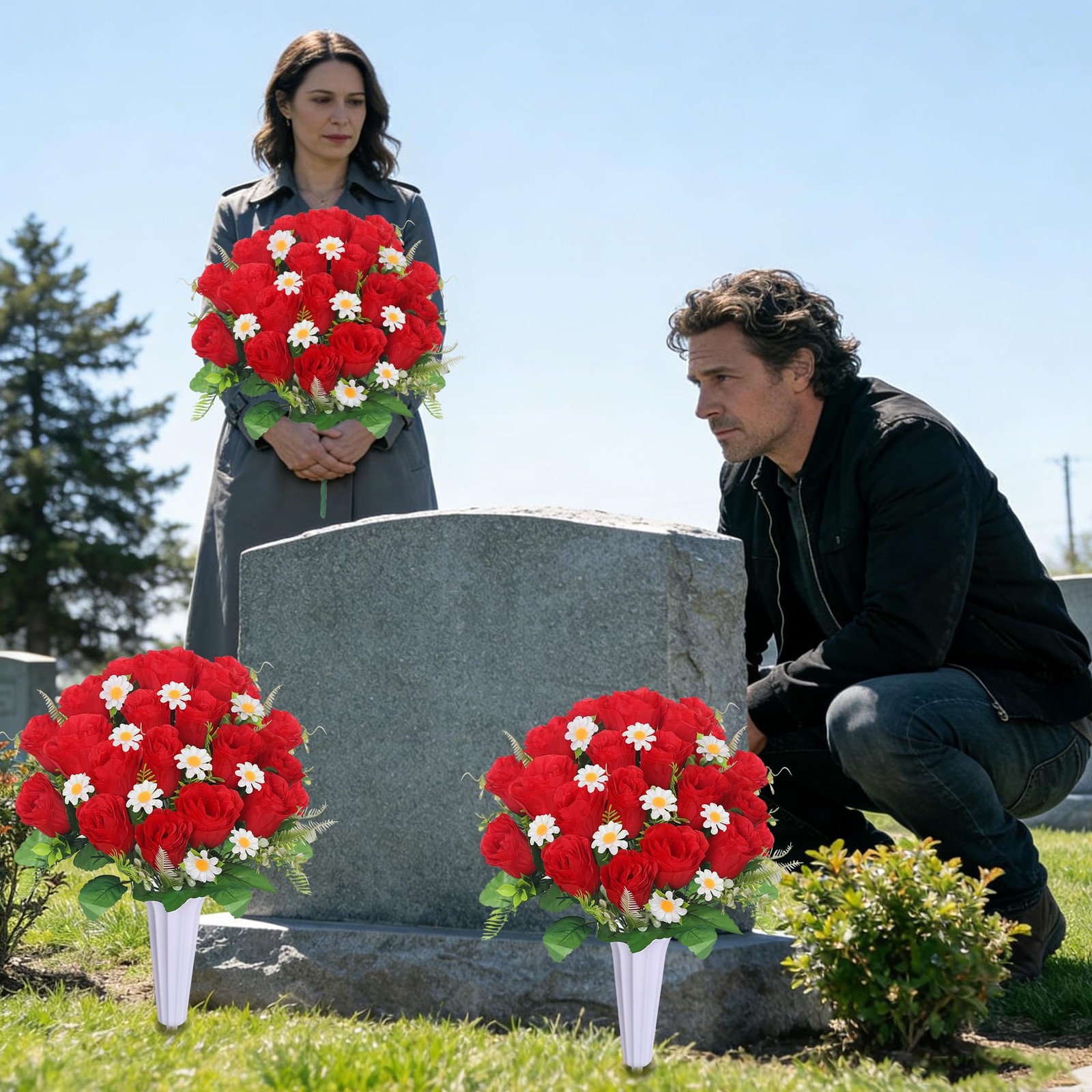 Artificial Cemetery Flowers Red Roses 2 Bouquets 2 Vases Memorial Set