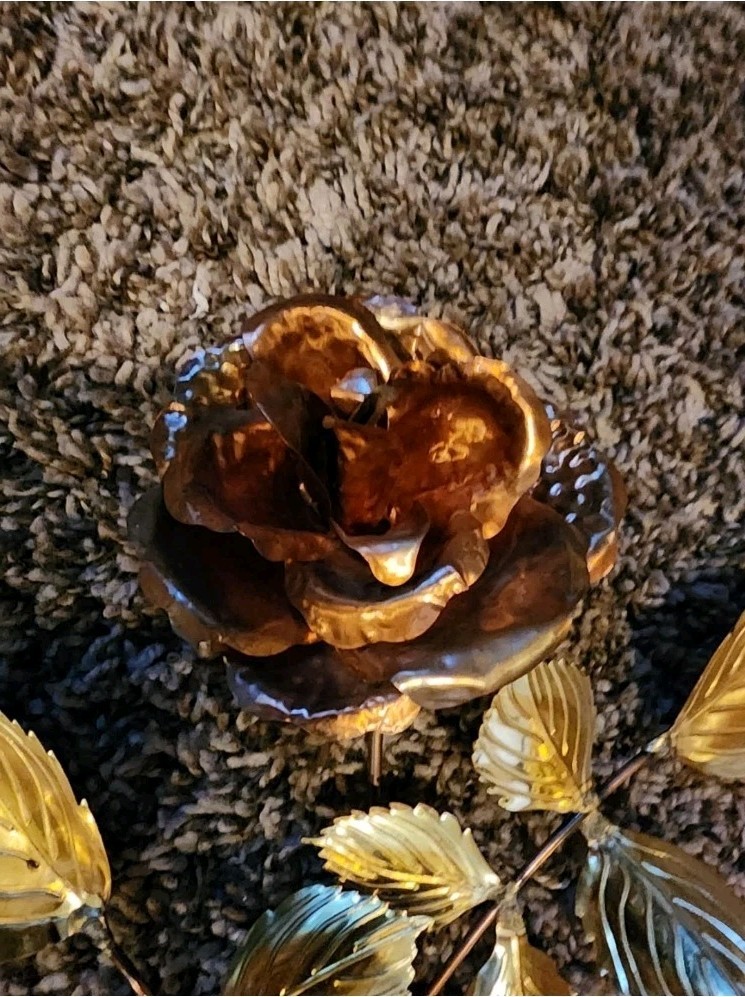 Vintage 3 Piece Set Of Brass Leaf And Copper Rose Long Stem 14″ Floral Wall Art