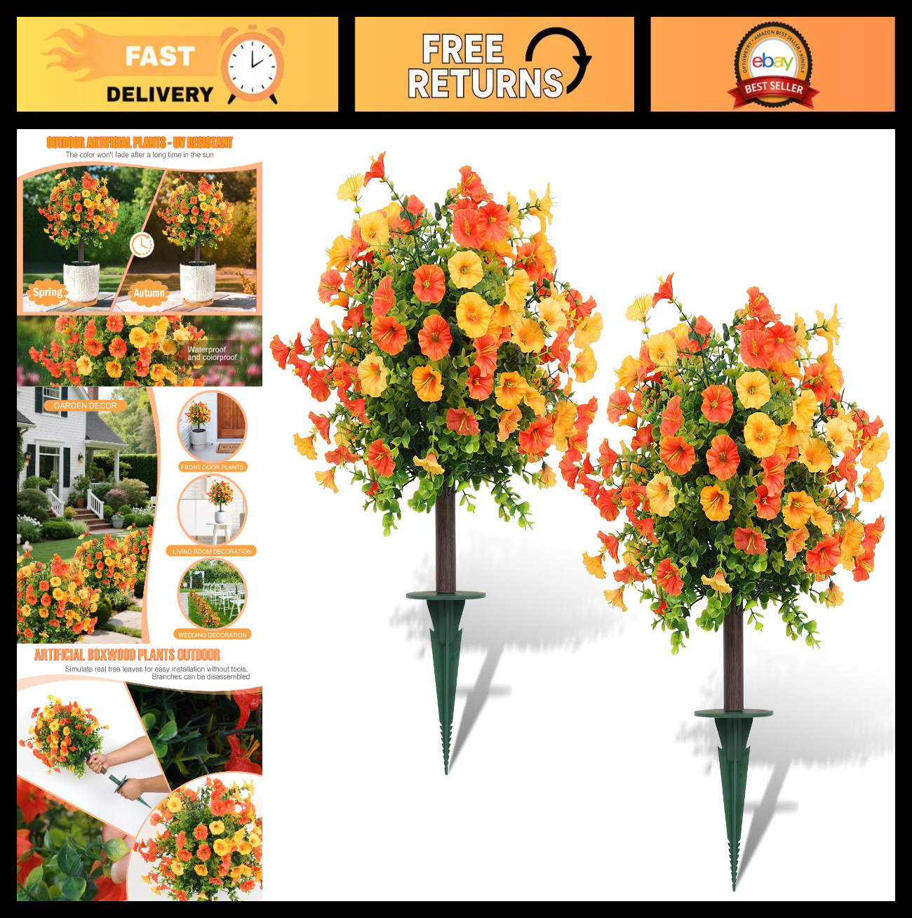 Set of 2 UV Resistant Artificial Shrubs – Fake Bushes for Patio, Porch, Garden D