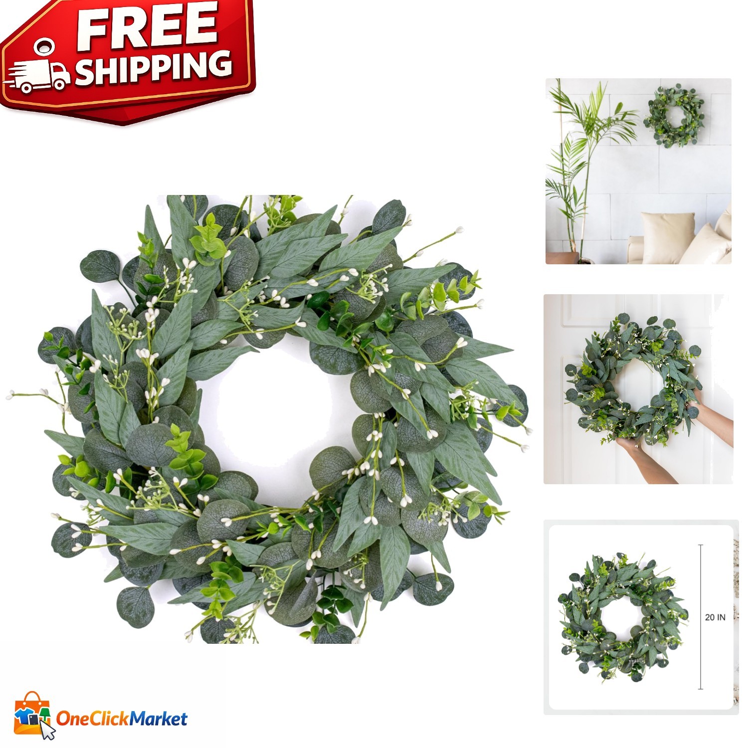 20 Inch Rustic Eucalyptus Wreath with Berries for Front Door or Wall Display