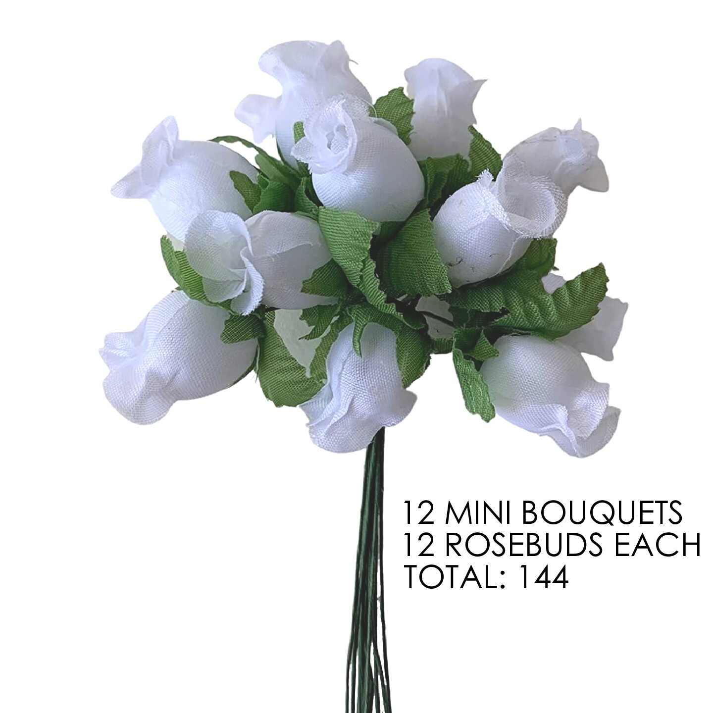 White Artificial Silk Flower Roses – 12 Mini Bouquets of 12 Rosebuds, 144 Total