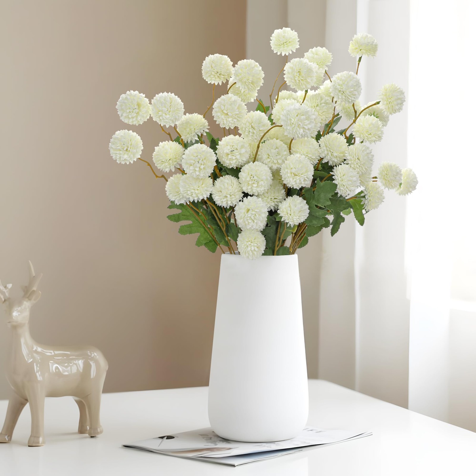 12pcs Artificial Kiku Mums Flowers, Fall White Faux Chrysanthemums