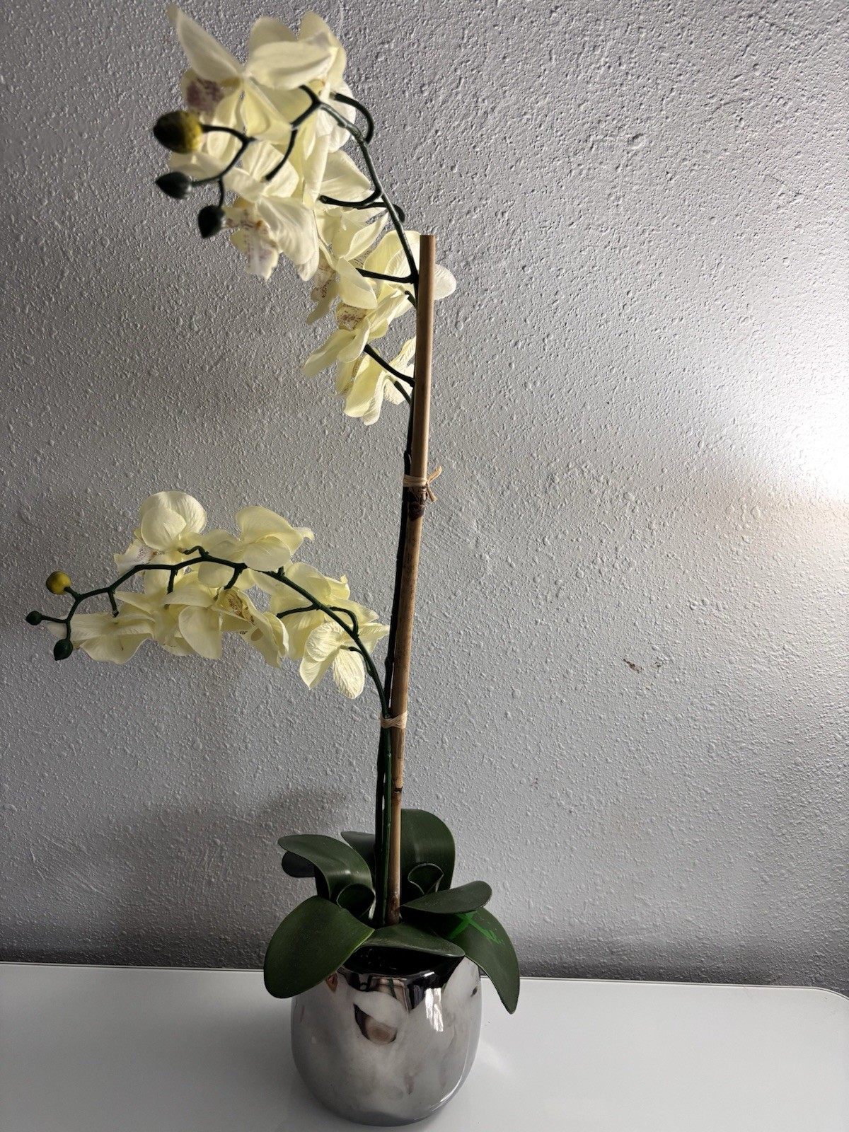 Artificial Yellow Orchid Silver Ceramic Pot Faux Phalaenopsis Floral 19”