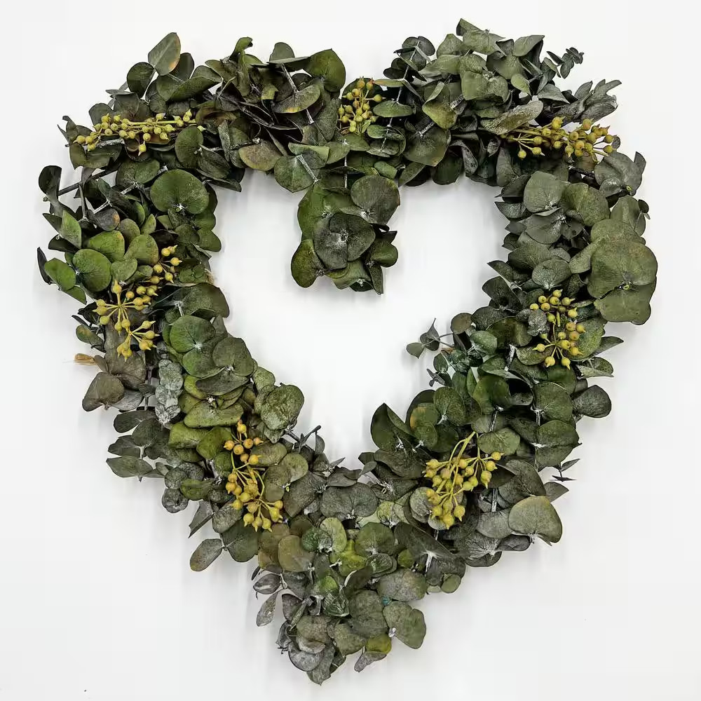 14 In. Non Artificial Preserved Eucalyptus Leaves Heart Shape Wreath