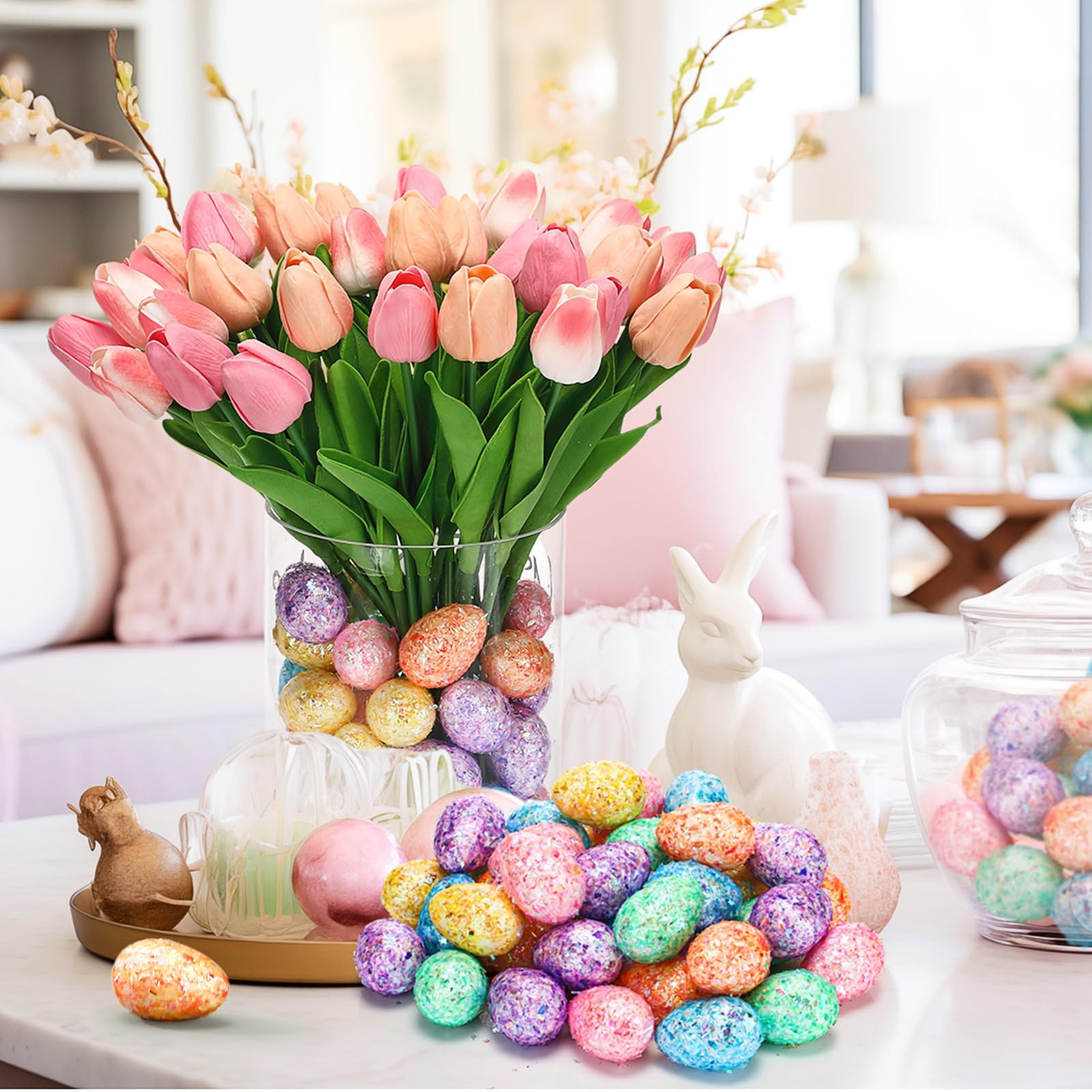 72 Pcs Easter Decor, 36 Pink Speckled Eggs, 36 Multicolor Fake Tulips, Spring