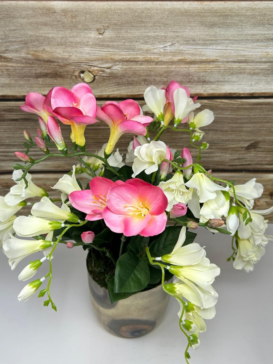 15″ Silk White & Pink FREESIA flowers in 5″ rustic Silver Metal Pot, handmade or