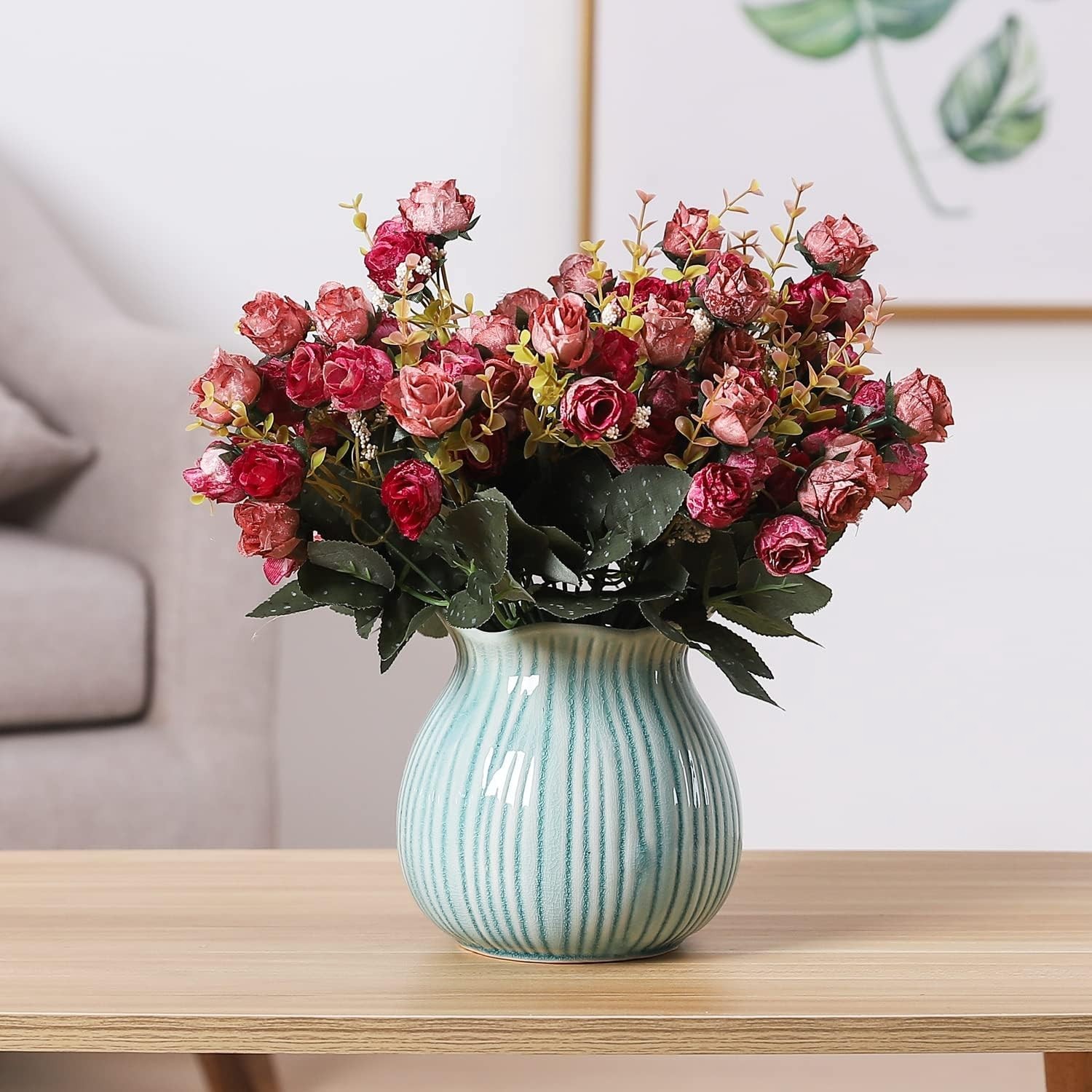 Vibrant Rose Red Artificial Flowers – 7 Branch Bouquet for Home and Weddings