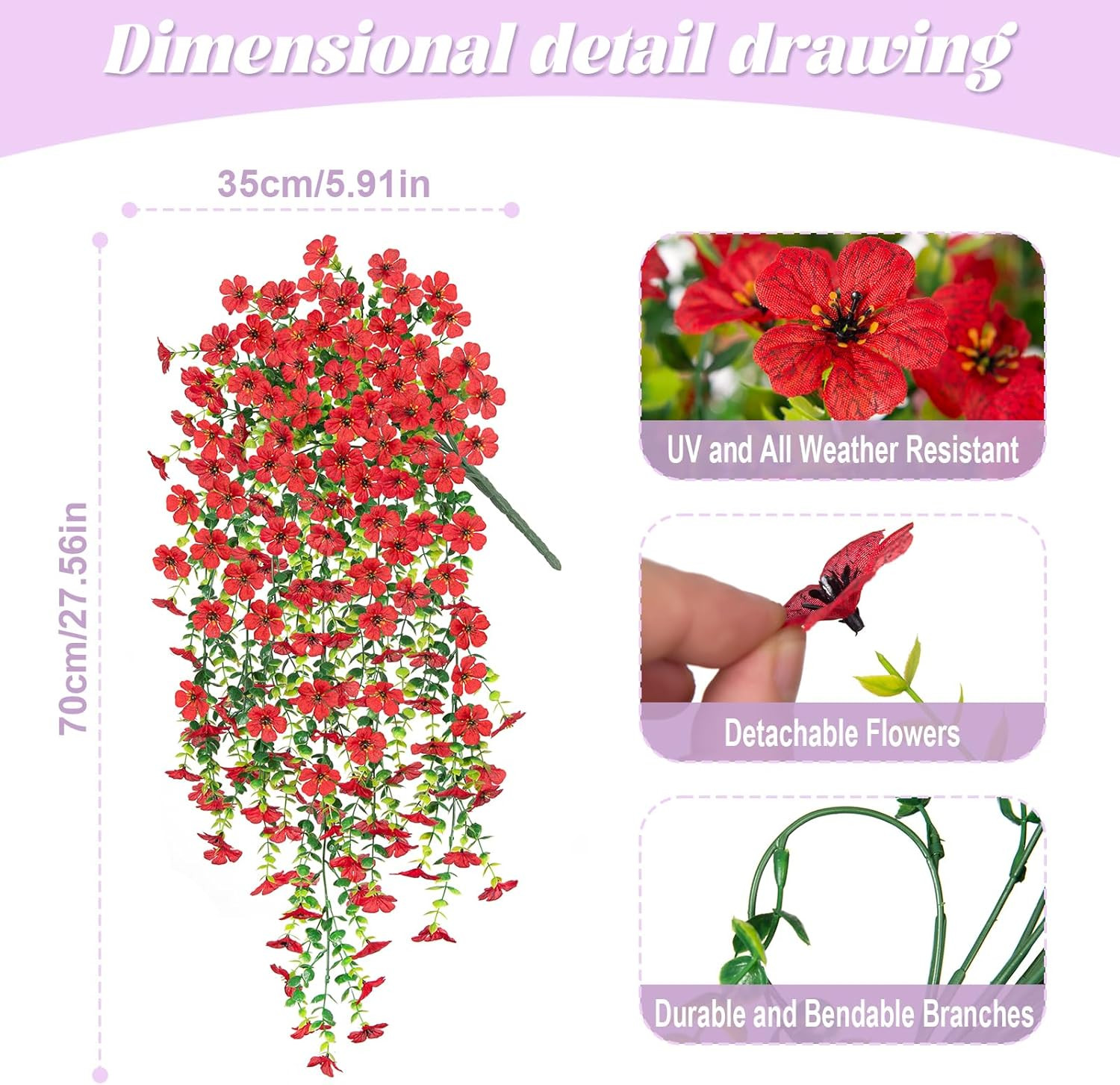 Artificial Fake Hanging Plants Flowers for Spring Outdoor Outside Decor, Red
