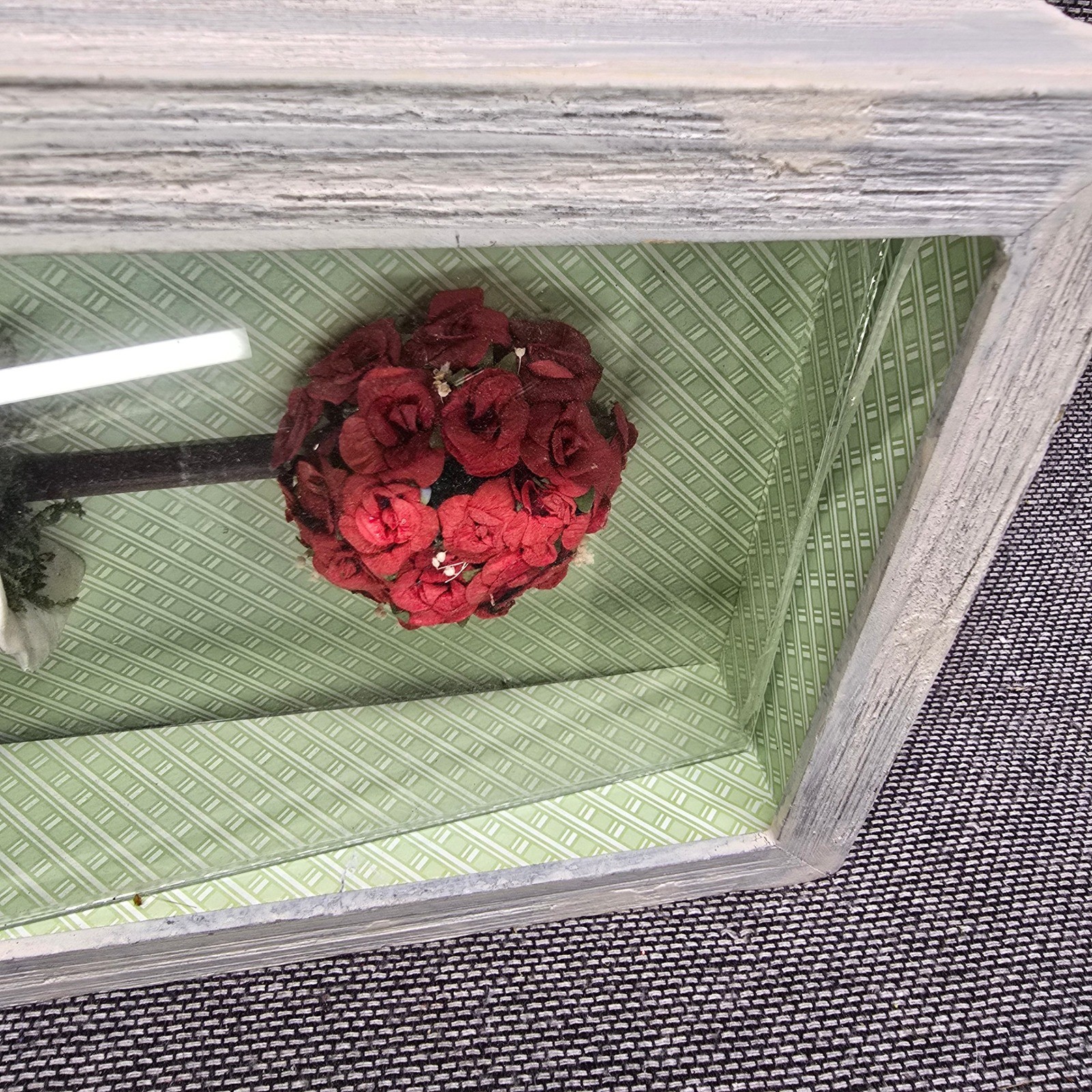Rose Topiary Shadow Box Wall Art 9×7 Red Green White Good Cottage core, Rustic