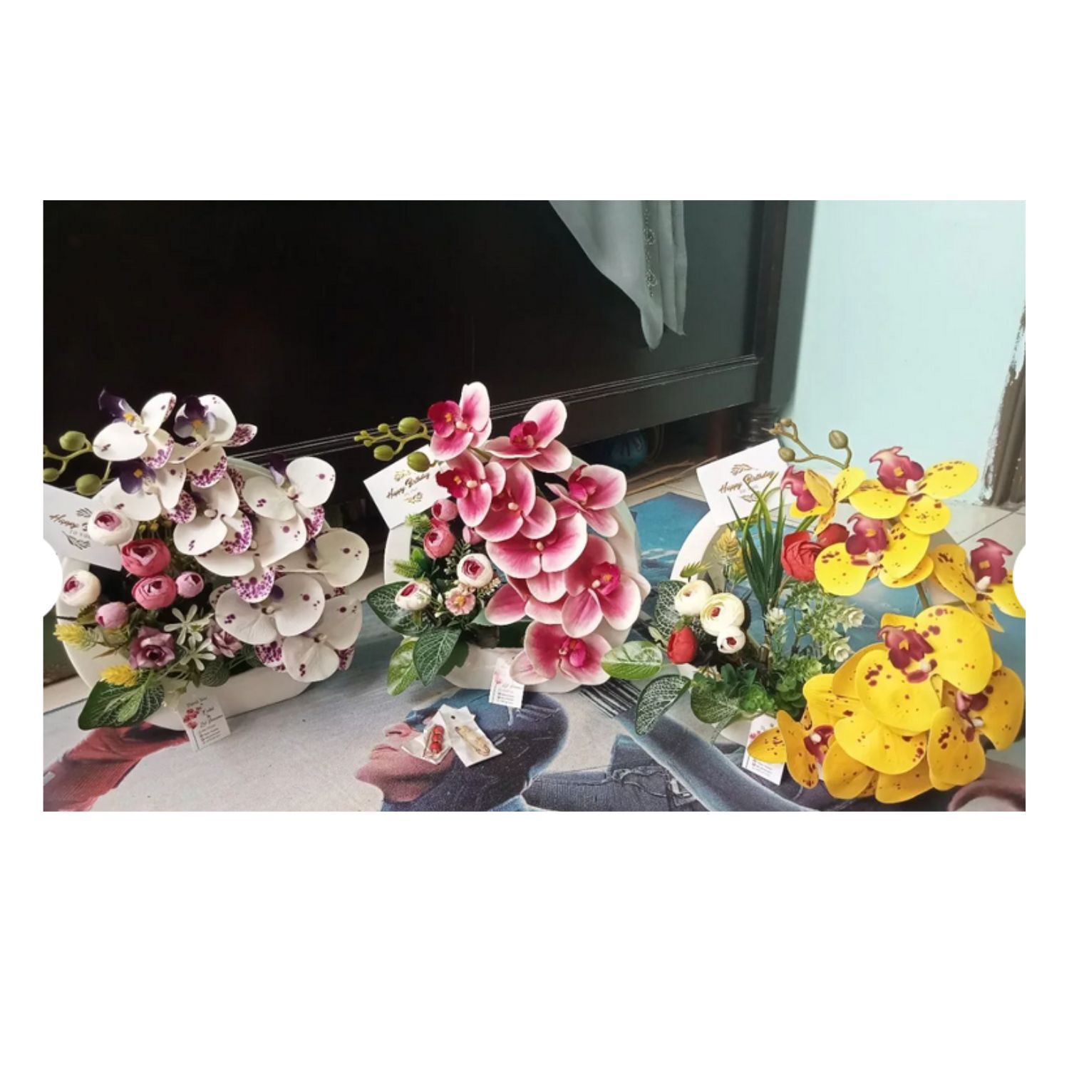 Artificial Phalaenopsis Latex Orchid Flowers Arrangement with White Purple Vase