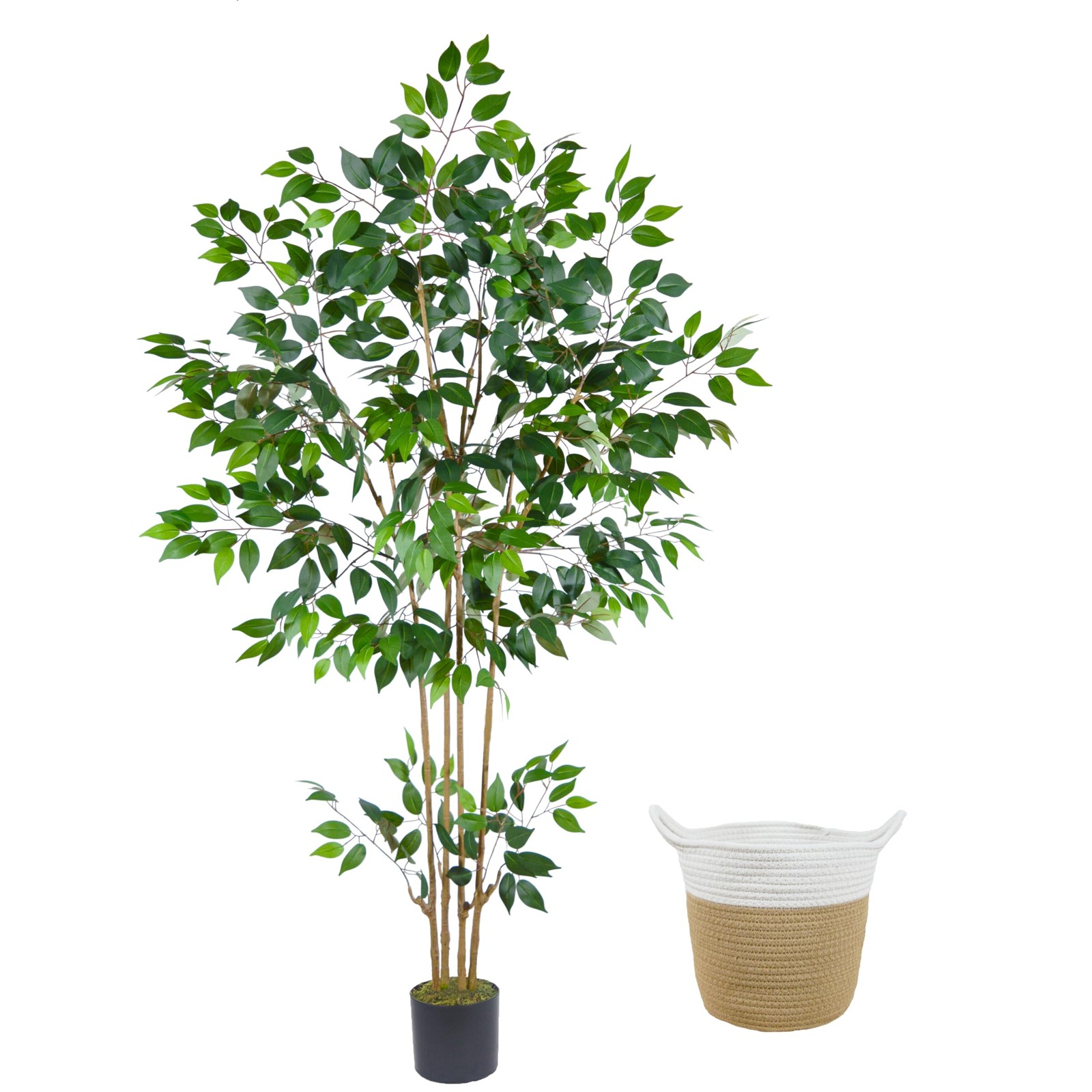 Artificial Ficus Tree, 6ft Tall Silk Fake Ficus Leaves Plant with Basket, Ind…