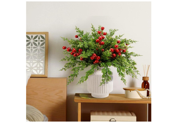 45 Pcs Christmas Artificial Pine Branches with Red Berry Stems- 10.5″ Faux Everg