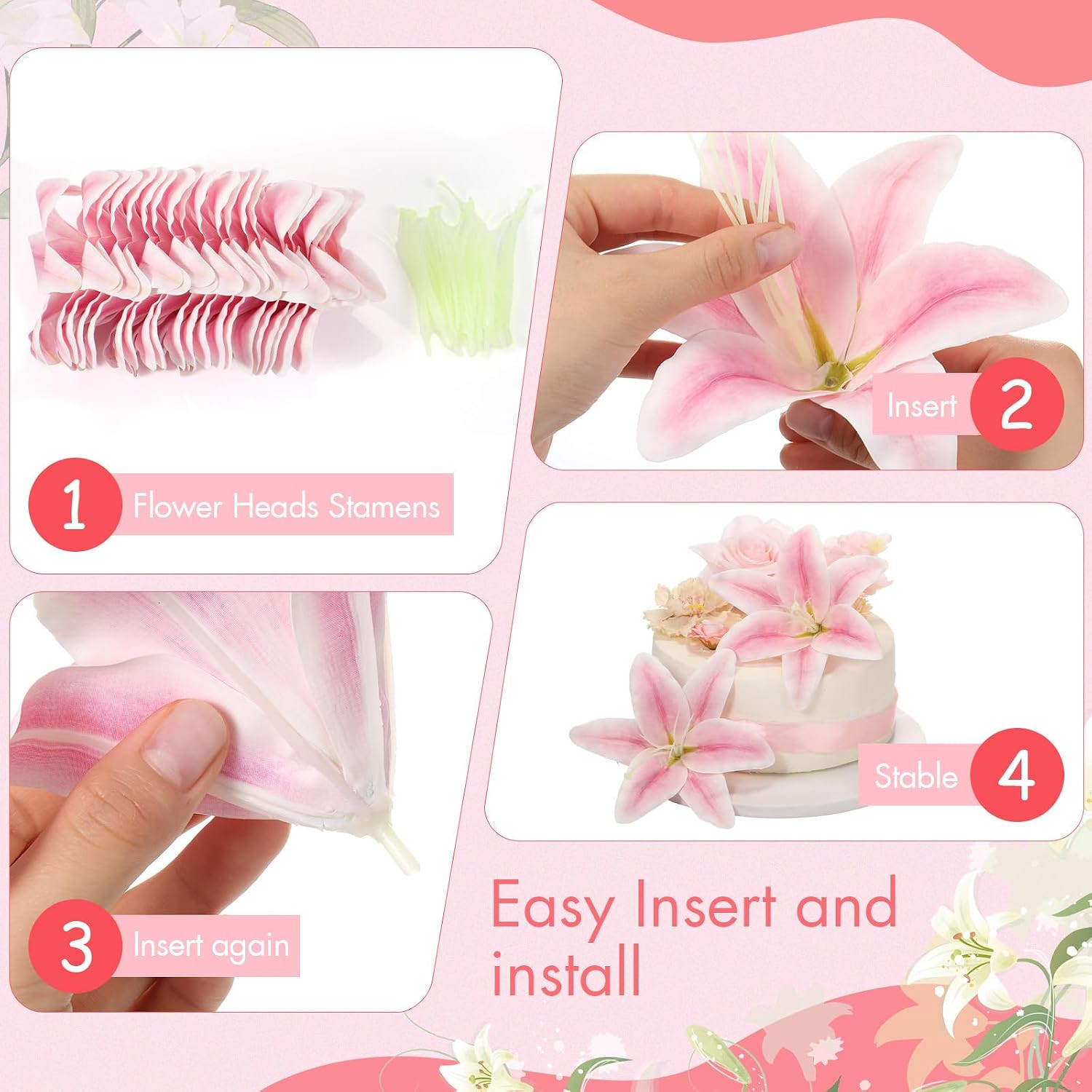 50 Pack Large Faux Lilies – Realistic Pink Flower Heads for DIY Decor