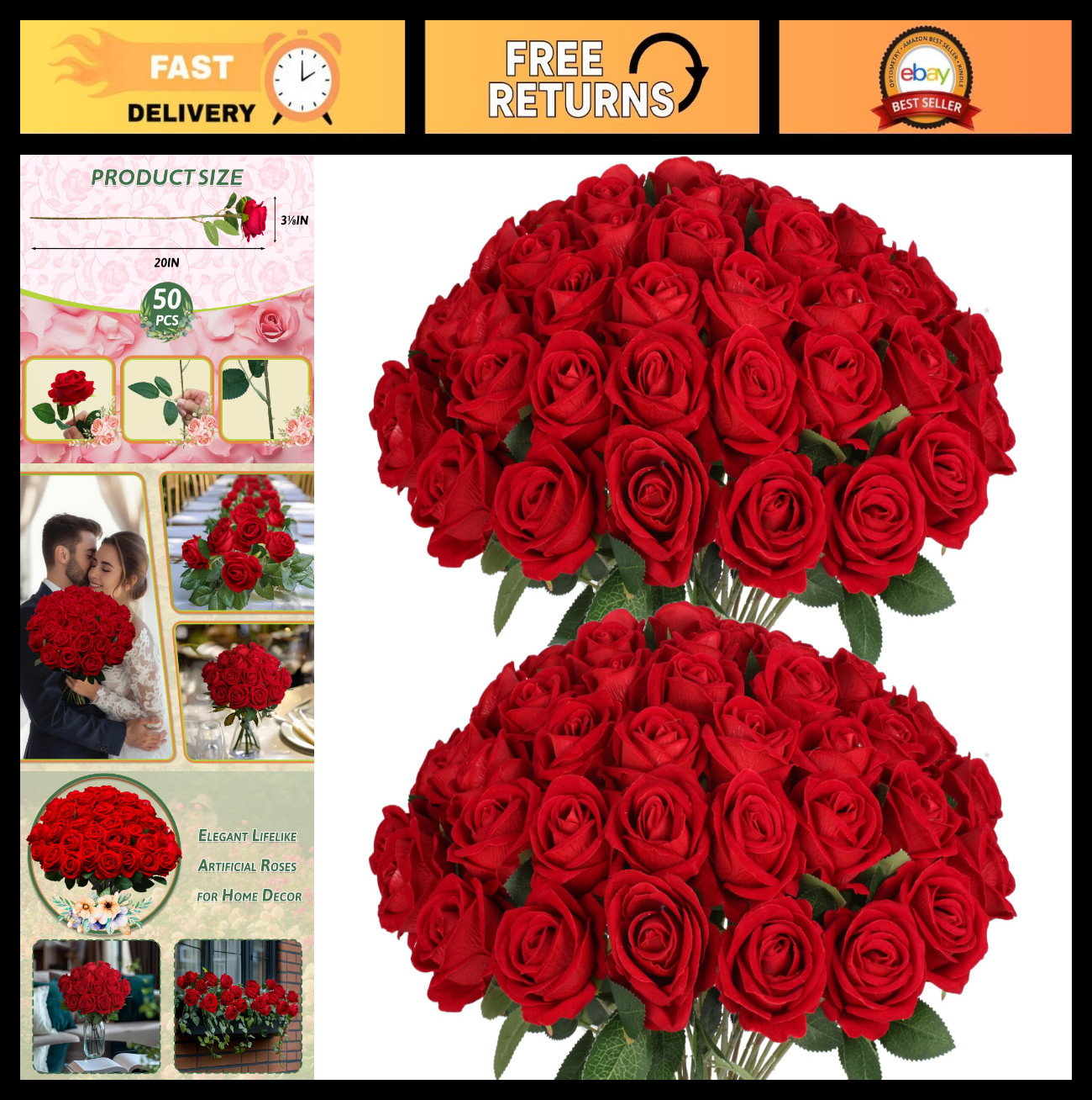 50 PCS Artificial Red Roses – Realistic Silk Flowers for Wedding, DIY Decor, Gif