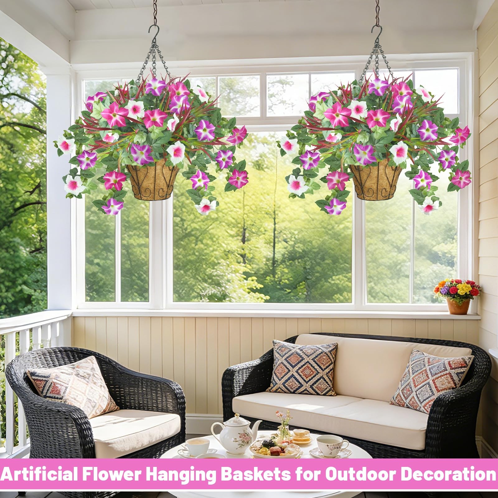 unlemoni Artificial Flowers Hanging Baskets for Outdoors, 5PCS UV Resistant F…