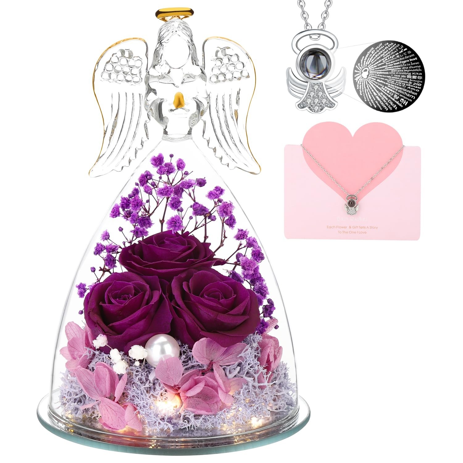 Gifts for Mom Gifts for ,Preserved Flowers Rose in Glass Angel Figurines Flow…