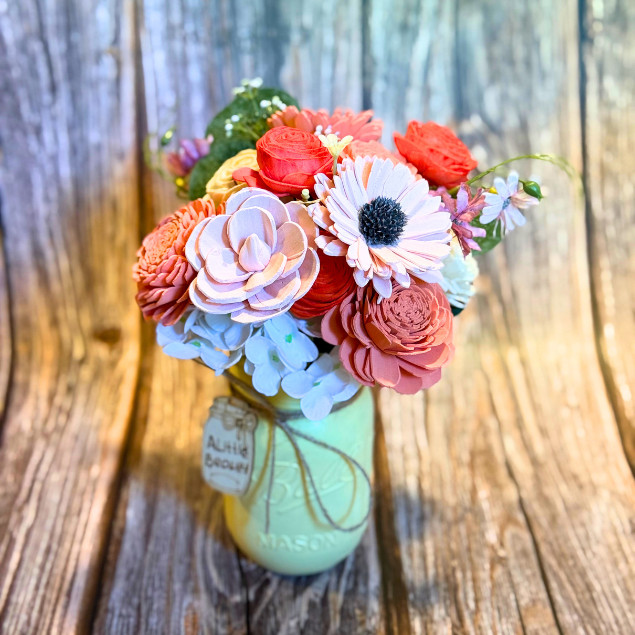 Sola Wood Bridal Bouquet Summer Floral Personalized Arrangement 16oz Mason Jar