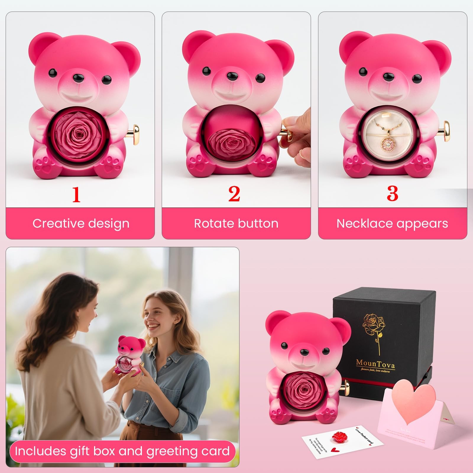 Valentines Day Gifts Cute Teddy Bear With Pink Preserved Rose Gift Box