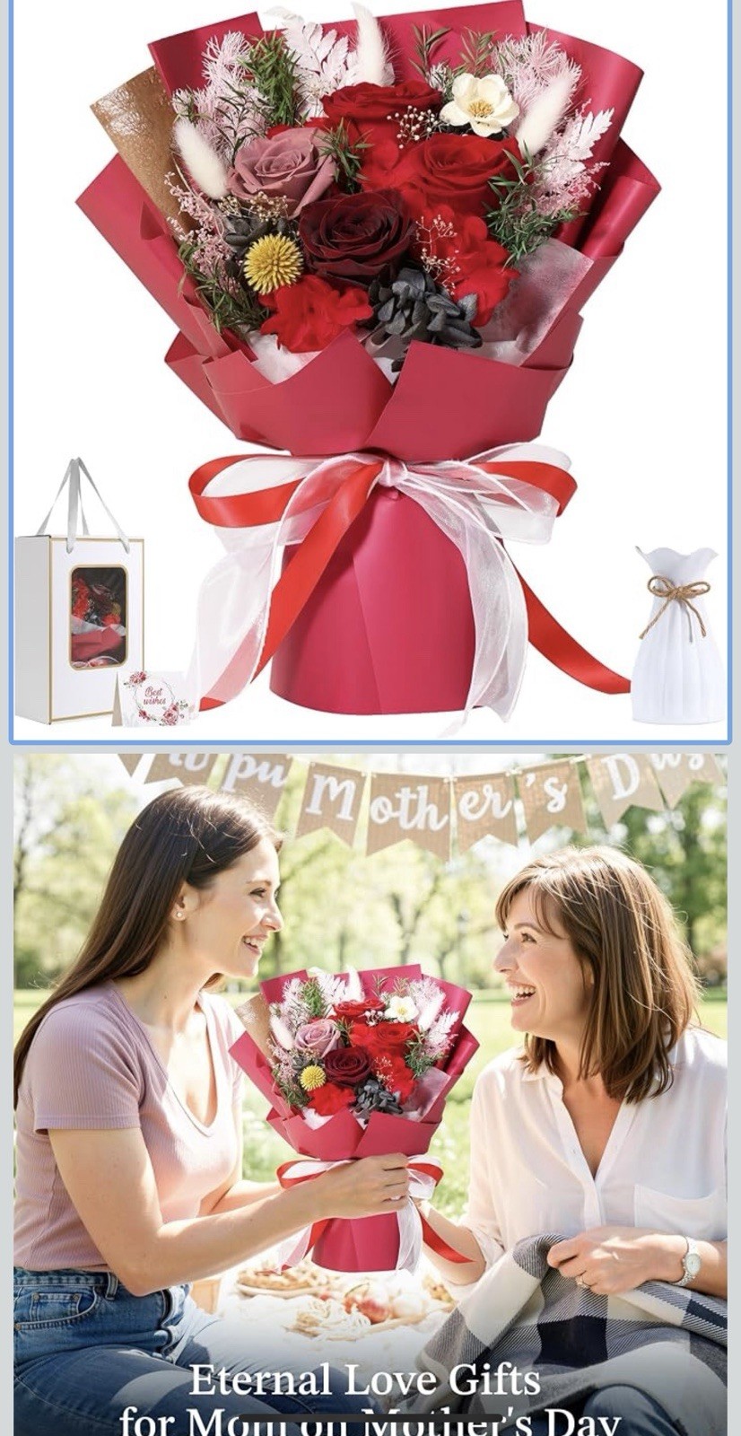 Red, White, Pink & Green Rose Flower Bouquet for Mother’s Day Gift