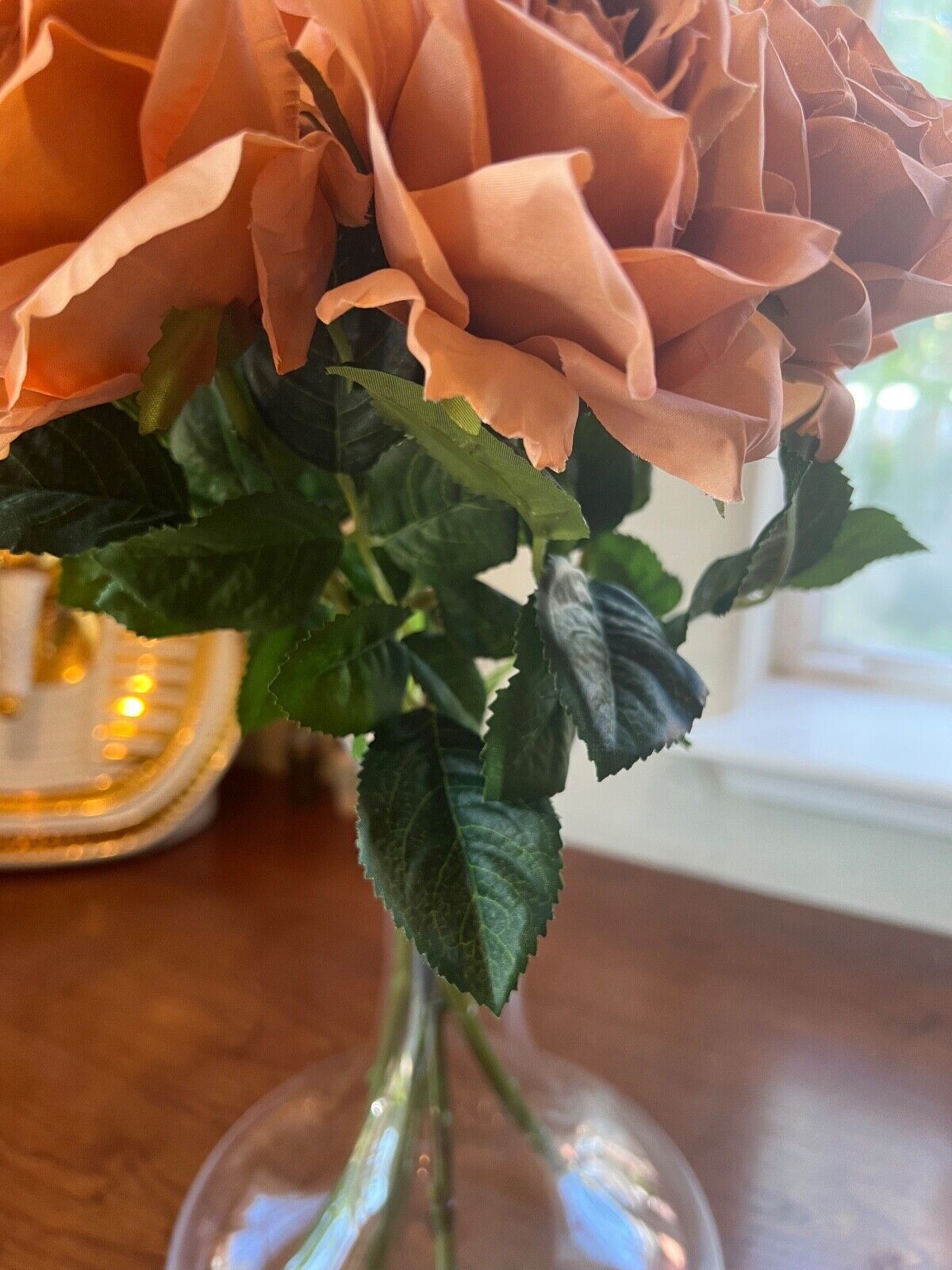 Rosscer Roses Artificial Silk 6 Piece Long Stem in Rustic Gradient Peach Color.