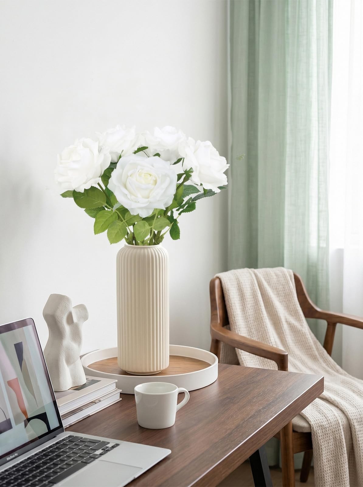5PCS Real Touch Roses White Artificial Flowers, 16.93″ Long Stems Lifelike Fa…