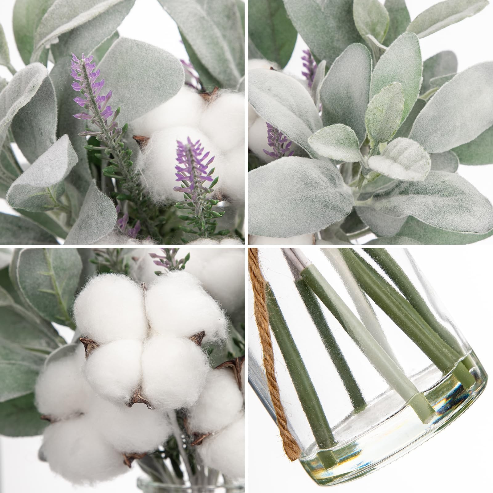 Artificial Lamb’s Ear Stems in Glass Vase with Faux Water, 14″ Fake Plant Lav…