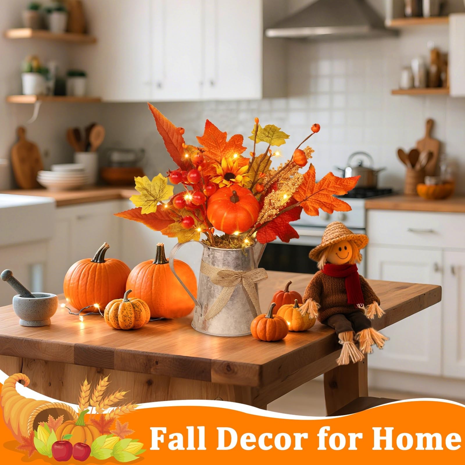 [Light & Timer] Fall Decor Table Centerpiece Rustic Metal Milk Jug with Artif…