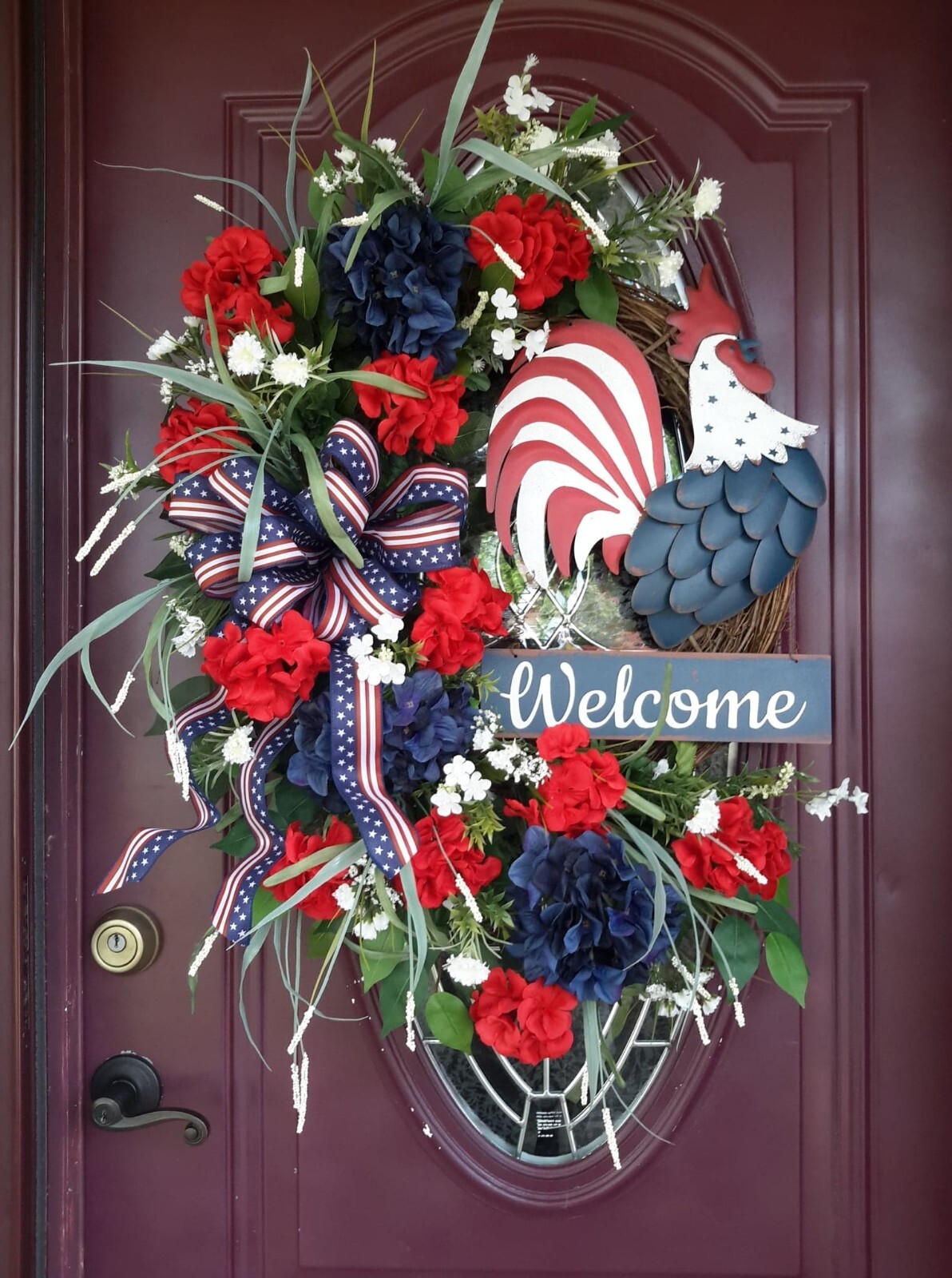 Patriotic Door Wreath Rooster Flower Door Decor USA Memorial Day Fourth of July