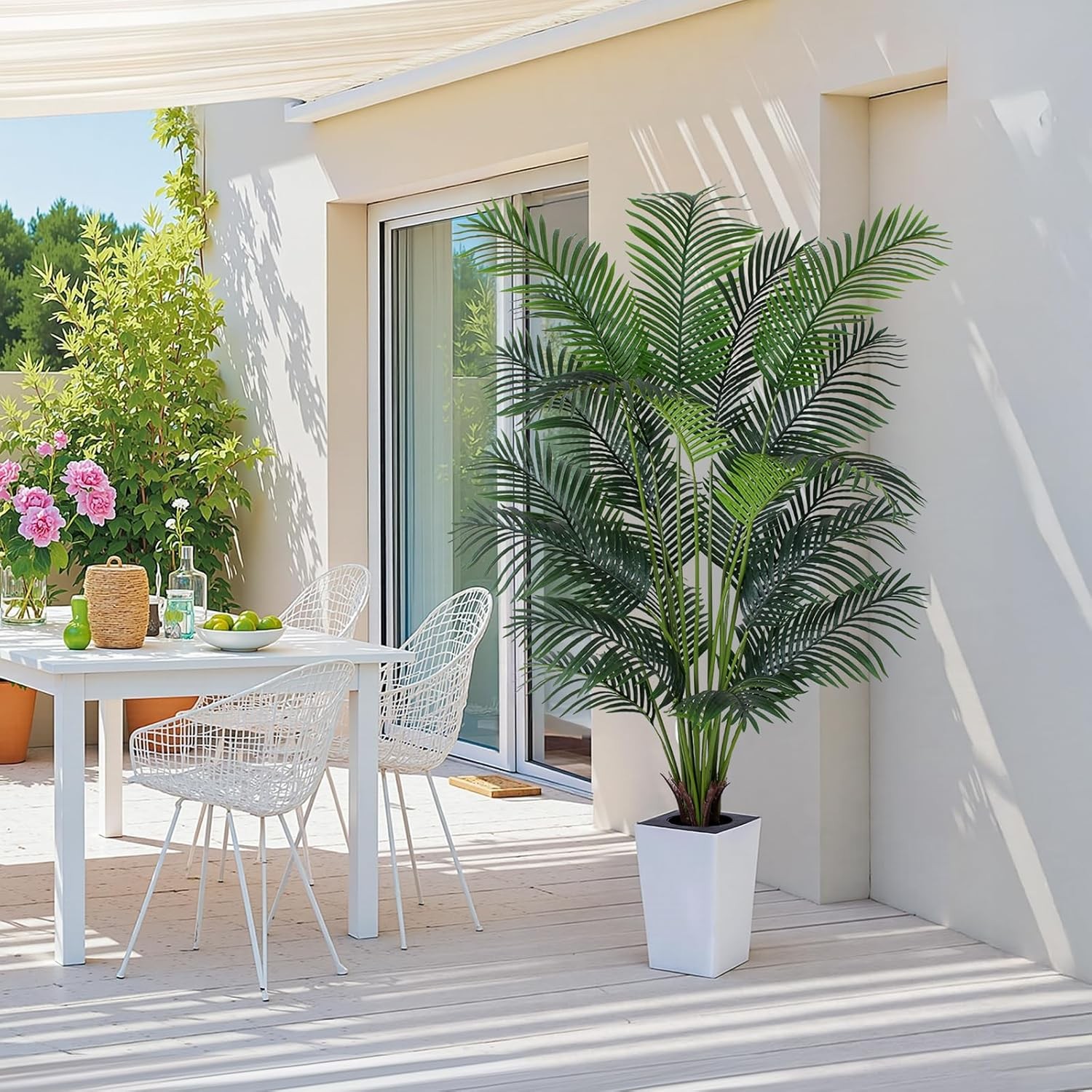 Artificial Palm Tree with White Tall Planter 7ft Tall Potted Artificial Silk