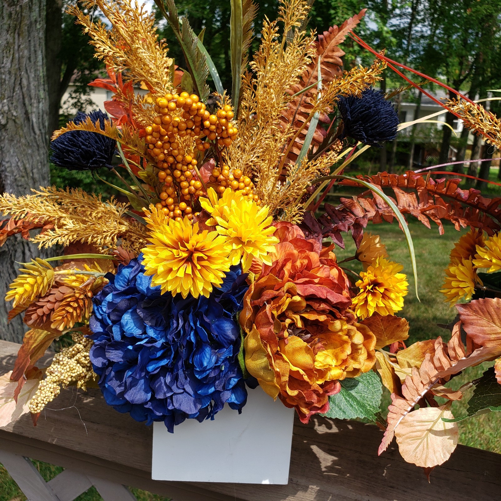 Set of 2 Large Fall Floral Arrangements, Blue Hydrangea Autumn Mantel Decor