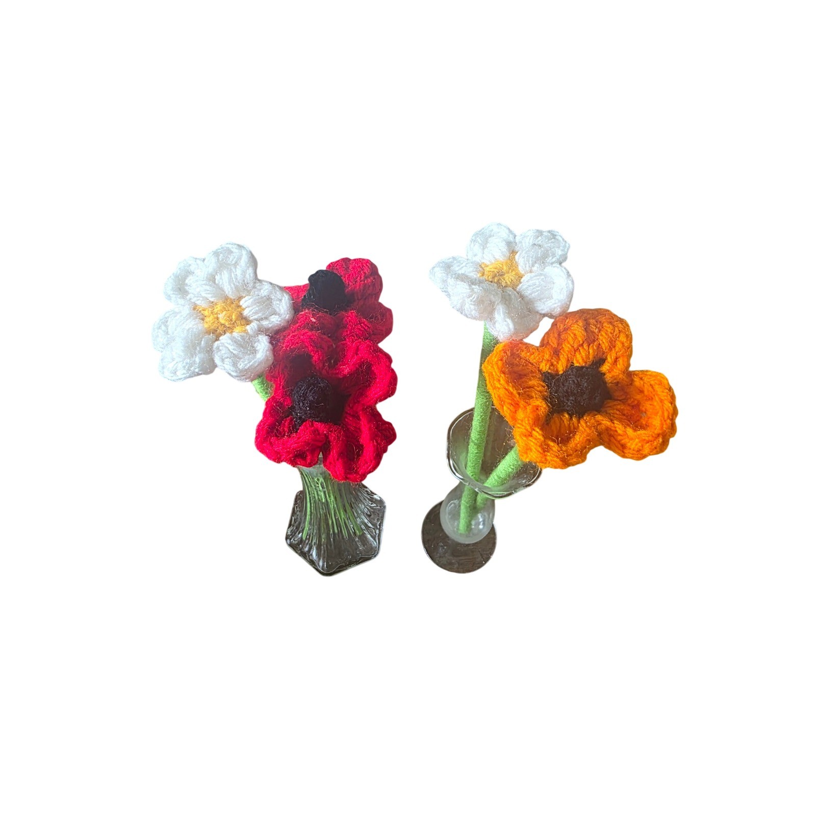 Handmade Crochet Flower Bouquet 5 Stems Red Orange White Floral.
