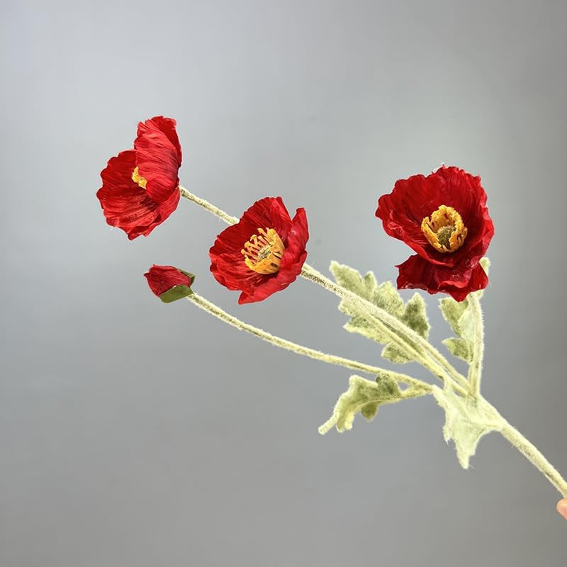 3 Bundles of 22 inches Tall Red Poppy Flowers Artificial,Ranunculus Artificial F