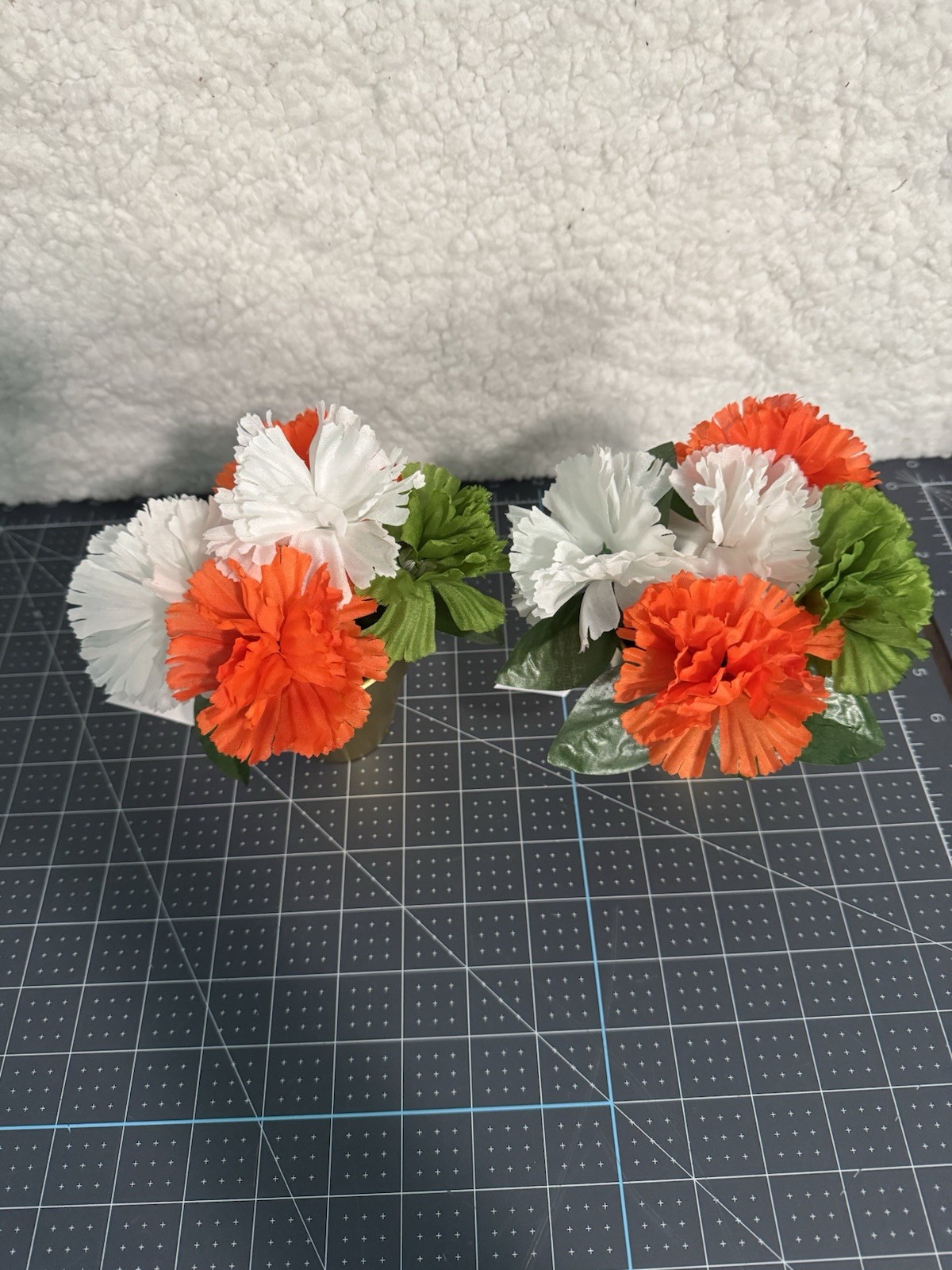 Set Of 2 St.Patricks Faux Plants Gold Pots With Orange White And Green Flowers