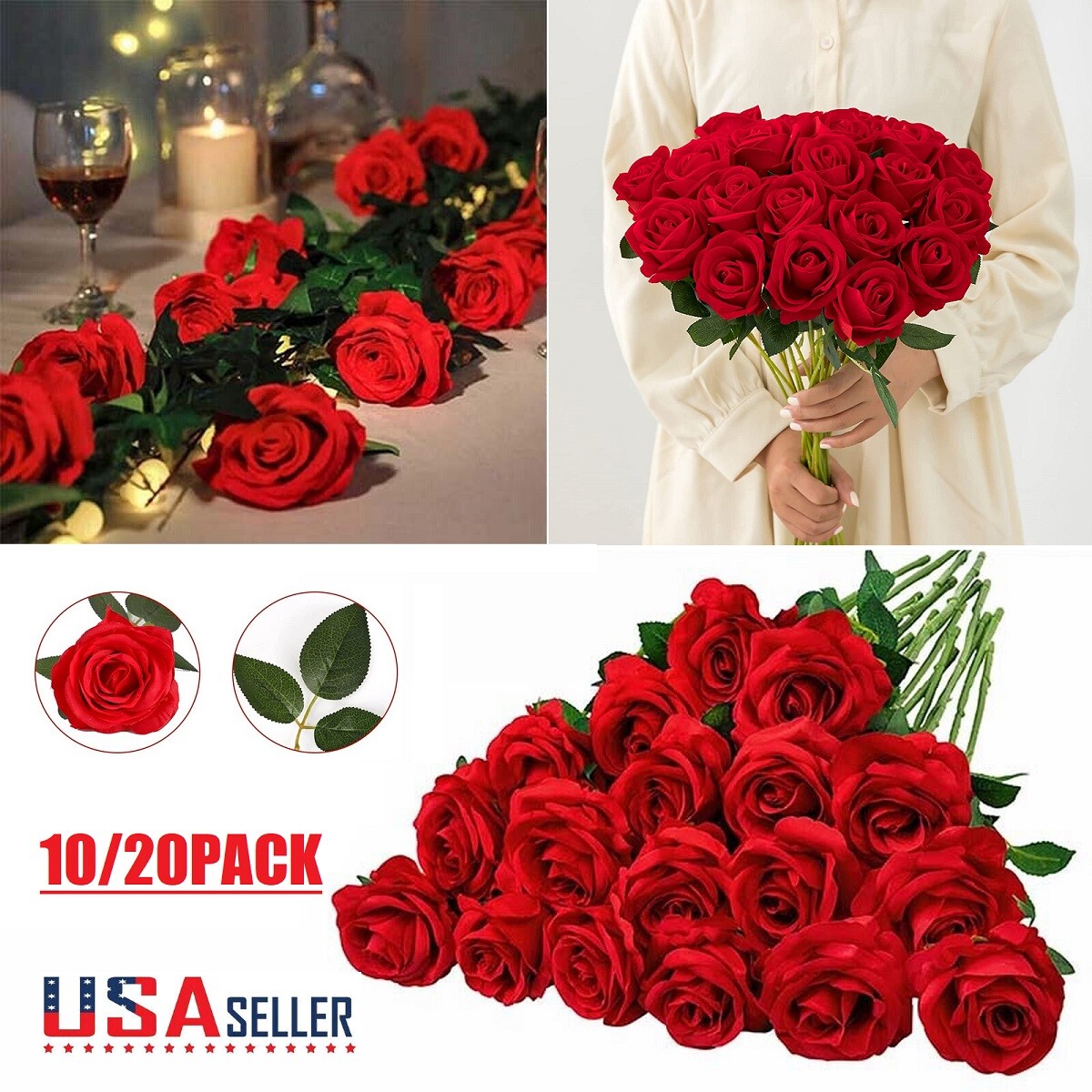 20× Artificial Silk Roses Flowers Realistic Bouquet Home Romantic Girl Gift USA