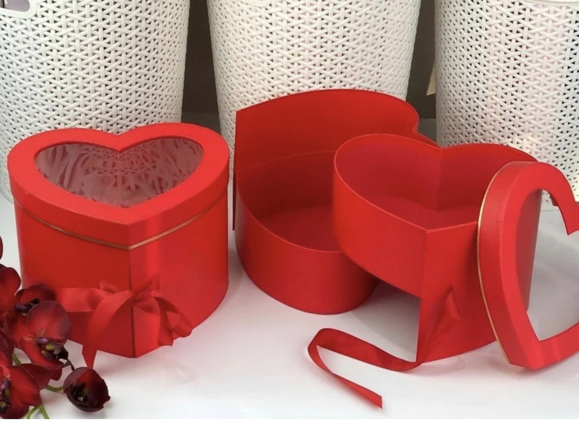 Double Layer Heart Shaped Flower Gift Box, RED